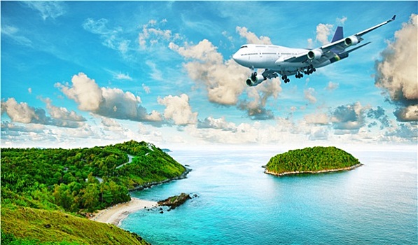 喷气式飞机,俯视,热带海岛,全景,构图