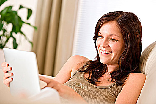 微笑,女人,触摸屏,平板电脑,沙发