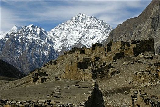 石头,建造,房子,山村,积雪,山,顶峰,安娜普纳地区,尼泊尔