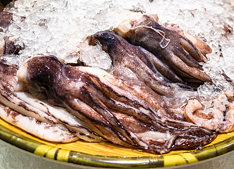 市场冰块上的冷冻海鱿鱼须食材