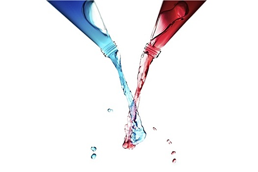 蓝色,红色,液体,倒出,瓶子