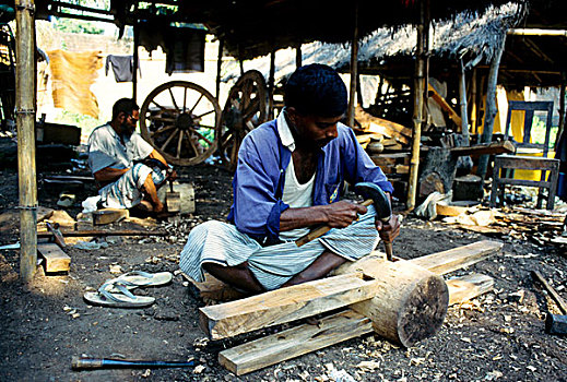 乡村,手艺人,制作,木质,轮子,阉牛,手推车,孟加拉,十二月,1998年