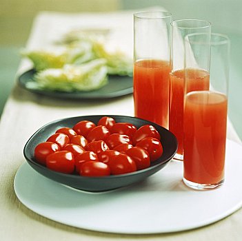 三个,玻璃杯,番茄汁,清新,西红柿