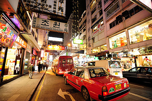 红色,出租车,街道,尖沙嘴,地区,晚上,九龙,香港,中国,亚洲