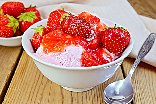 冰淇淋,草莓,白色,碗,勺子,木板