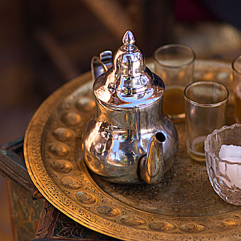 银,茶壶,玻璃,托盘,瓦尔扎扎特,摩洛哥