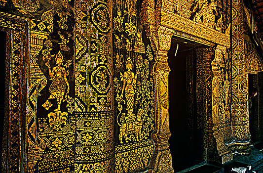 老挝,琅勃拉邦,省,刻花,壁画,生活,国王,装饰,外部,墙壁,圣职授任,寺院,皮质带,著名