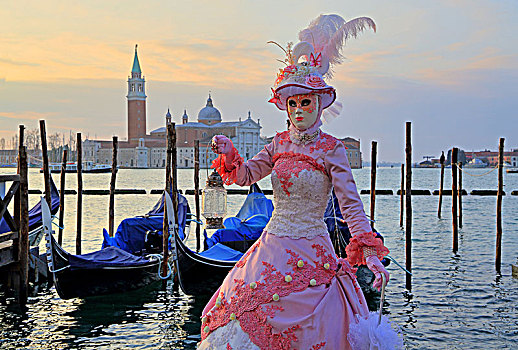 女性,掩饰,威尼斯人,面具,泻湖,后面,岛屿,圣乔治奥,狂欢,威尼斯,意大利,欧洲