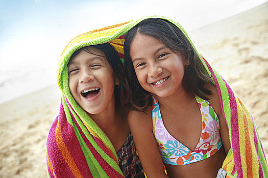 夏威夷,瓦胡岛,两个女孩,彩色,毛巾
