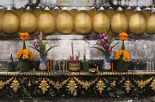 老挝,万象,桶,陵墓,特写,供品