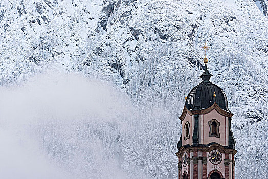 尖顶,米滕瓦尔德,教堂,雾,冬天,山,背景