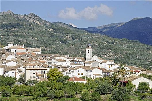 山村,教堂,俯视,风景,山峦,白色海岸,阿利坎特,西班牙,欧洲