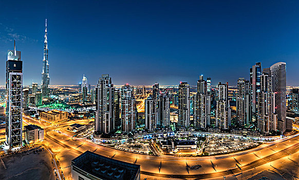 城市,迪拜,阿联酋,黄昏,光亮,摩天大楼,前景