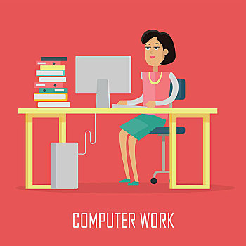 电脑,工作,概念,插画,设计,矢量,女人,座椅,桌子,活页文件夹,纸,书桌,办公室,商务,互联网