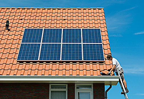 工作,检查,安装,太阳能电池板,房顶,新家,荷兰