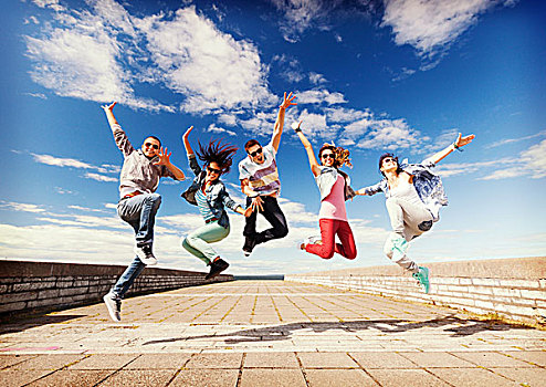 夏天,运动,跳舞,青少年,生活方式,概念,群体,跳跃