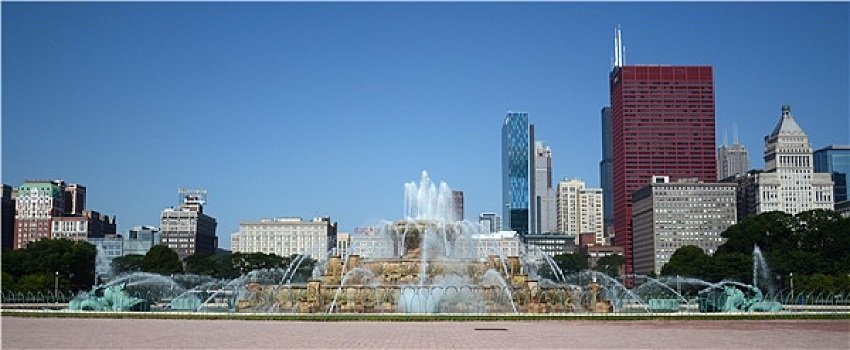 白金汉喷泉,芝加哥,天际线