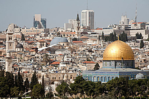 风景,古老,城墙,耶路撒冷,金色,圆顶清真寺,现代,城市天际线,高处