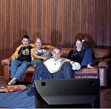 青少年,坐,沙发,看电视