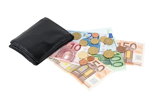 皮夹,欧元钞票,硬币