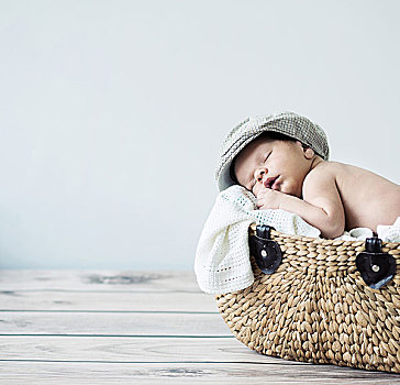 可爱,小孩,睡觉,柳条篮