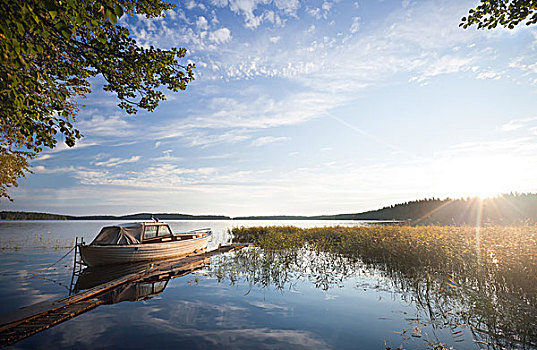 小,渔船,停泊,湖,城镇,芬兰