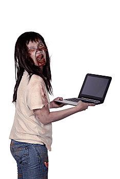 恐怖,女性,僵尸,拿着,笔记本电脑
