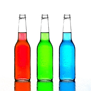 瓶子,红色,绿色,蓝色,反射,隔绝,白色背景