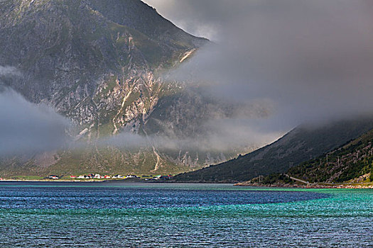 雾,移动,上方,峡湾,靠近,背影,罗弗敦群岛,诺尔兰郡,挪威,欧洲