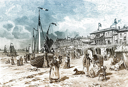 历史,海滩,海牙,19世纪,荷兰,欧洲