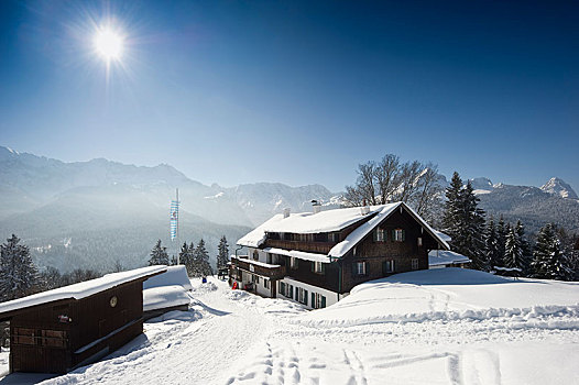 雪景,山间旅店,陆地,区域,背影,加米施帕藤基兴,上巴伐利亚,巴伐利亚,德国,欧洲