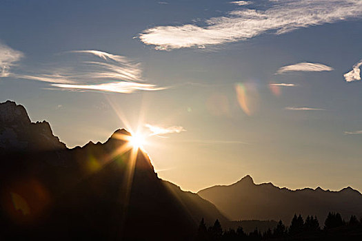 日落,边缘,攀升,楚格峰,巴伐利亚,德国