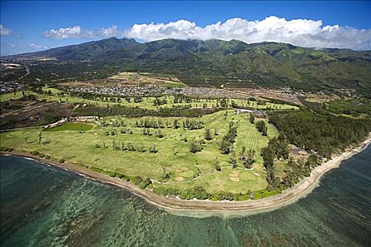 夏威夷,俯视,高尔夫球场,海岸线