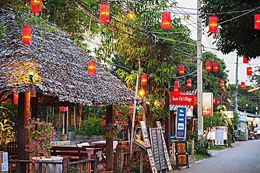 泰国,灯笼,悬挂,上方,街道,排列,零售,商店