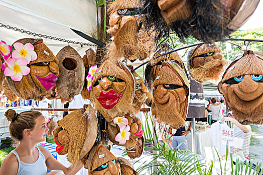 道格拉斯港,周末,市场,货摊,涂绘,椰子,相似,脸