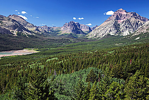 风景,顶峰,左边,上升,狼,山,中间,斑点,右边,两个,药湖,冰川国家公园,蒙大拿,美国,北美
