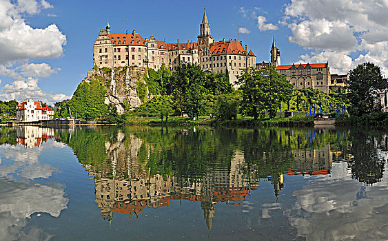 城堡,多瑙河,反射,朱拉,巴登符腾堡,德国,欧洲