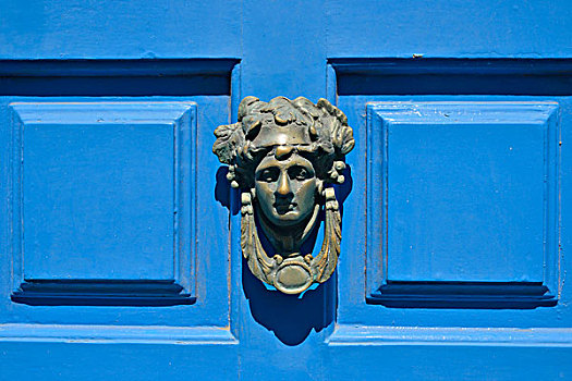 头部,形状,门叩,蓝色,门,米克诺斯城,米克诺斯岛,基克拉迪群岛,希腊,欧洲