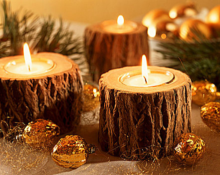 燃烧,茶烛,树上,树桩,圣诞装饰