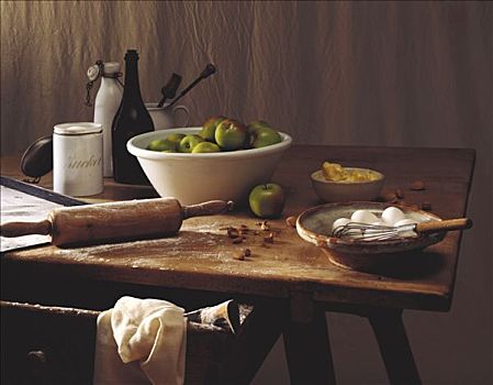 静物,成分,苹果蛋糕,木桌子