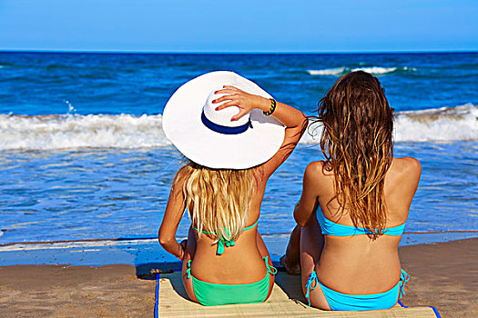 海滩,女孩,后面,背影,坐,看,地平线,夏天