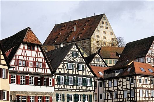 历史,半木结构房屋,挨着,河,正面,建筑,地区,巴登符腾堡,德国,欧洲