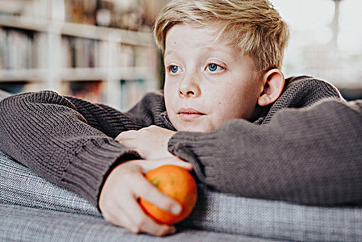 男孩,沙发,拿着,克莱门氏小柑橘