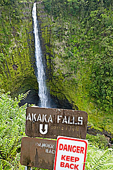 警告标识,瀑布,背景,阿卡卡瀑布,阿卡卡瀑布州立公园,夏威夷大岛,夏威夷,美国