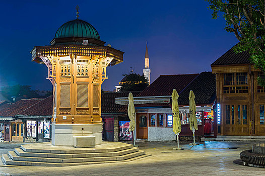 光亮,木质,喷泉,日出,老,市场,萨拉热窝,波斯尼亚,黑塞哥维那,欧洲