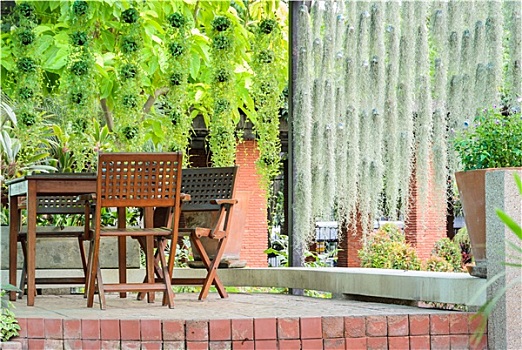 木质,庭院桌,绿色,植物,环境
