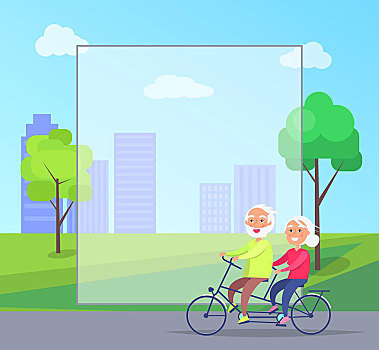 高兴,夫妻,骑,一起,自行车,背景,摩天大楼,城市公园,矢量,框架,文字,退休