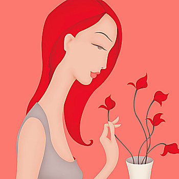 美女,花,花瓶