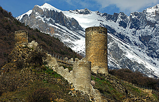 塔,城堡,遗址,正面,雪冠,顶峰,瓦莱,阿尔卑斯山,瑞士,欧洲
