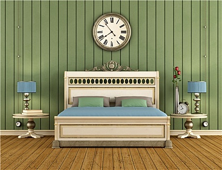 旧式,卧室,绿色,墙壁,镶板